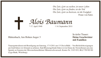 Traueranzeige von Alois Baumann von Pegnitz-Zeitung